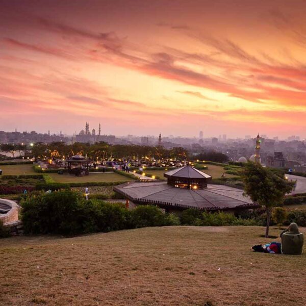 Dramatic red and yellow Sunset over Al Azhar Park, Cairo, Egypt